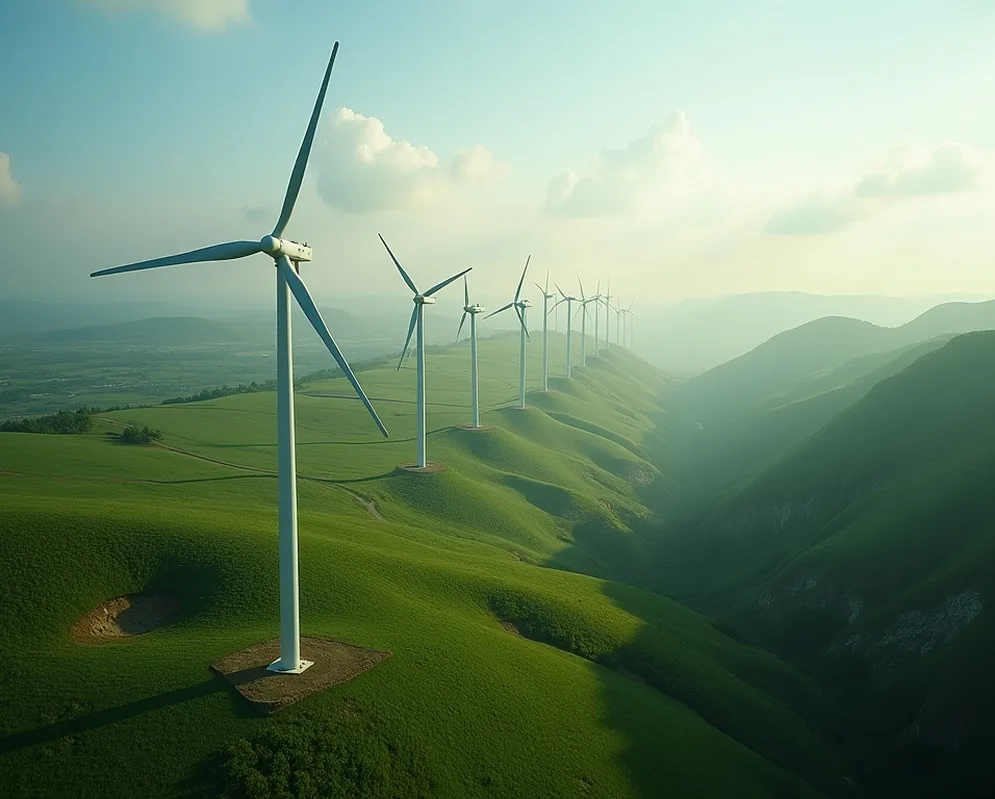 Green energy wind turbines landscape aerial