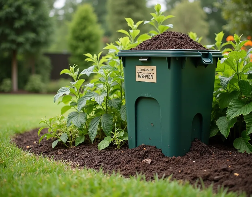 Organic waste composting bin garden setting